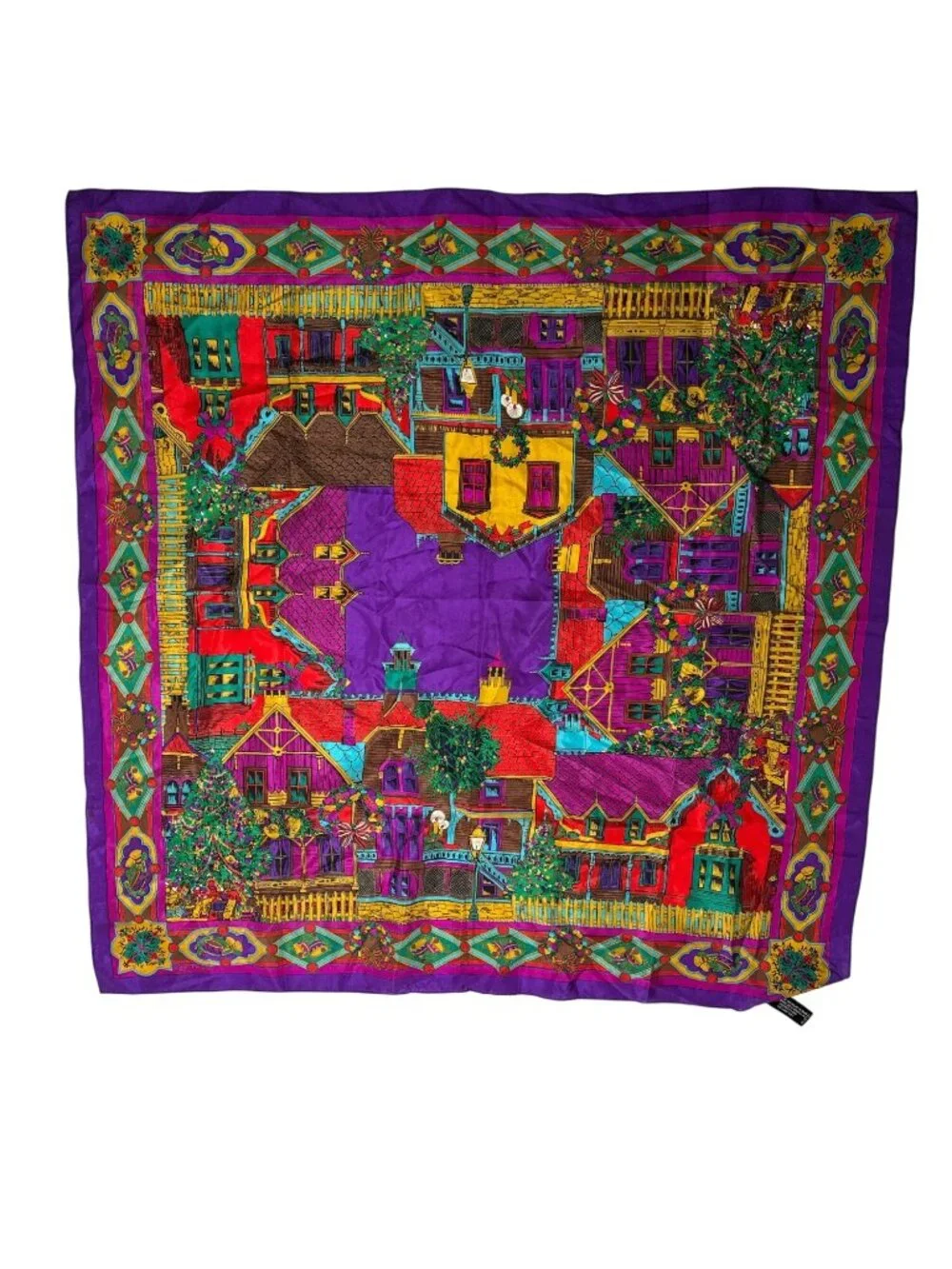 Oscar De La Renta Studio 100% Silk Christmas Village Scarf Multicolor vintage